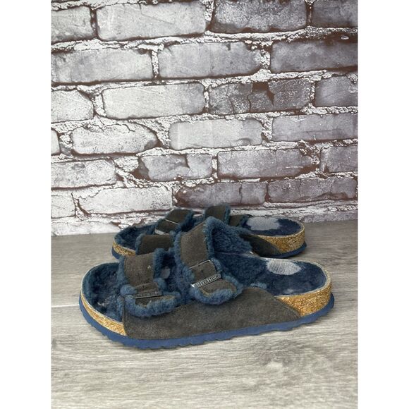 Birkenstock Arizona Fur Midnight Navy Strap Slides Sandals Women Sz 41EU/10M US - Picture 1 of 16
